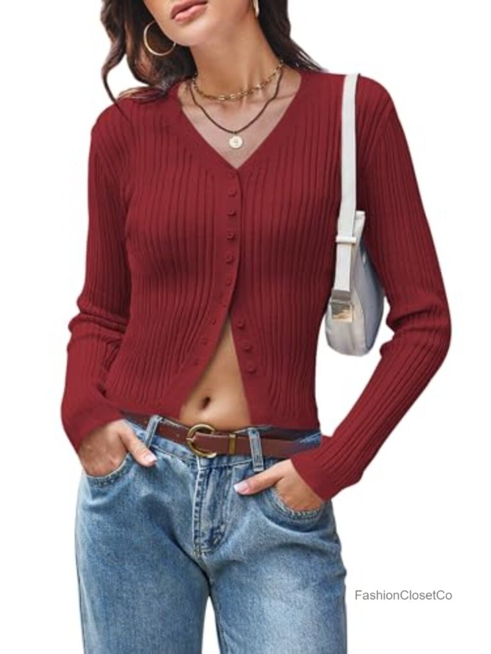Women V Neck Cardigan Sweaters Slim Fitted Cropped Ribbed Knit Y2k Button Down